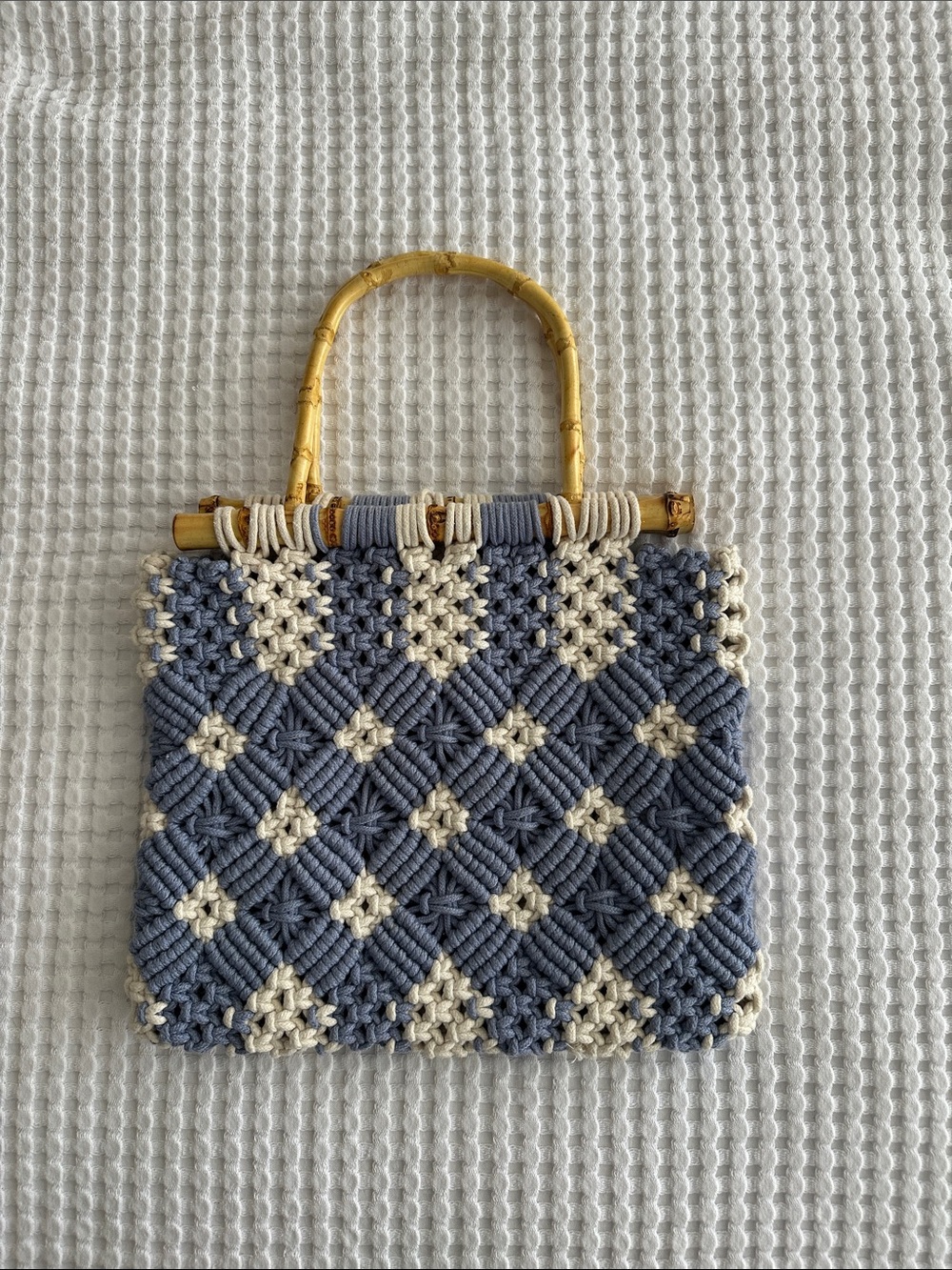 Zara Mini Macramé Bag in Blue and Cream with Bamboo Handles